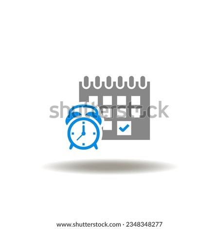 Vector illustration of calendar with check mark and alarm clock. Icon of manage your time. Symbol of meeting date planning and countdown.