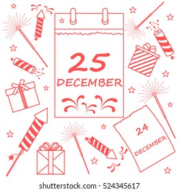 Vector illustration: calendar with christmas date page and gifts, sparklers, petards. Design for postcard, banner, flyer, poster or print.