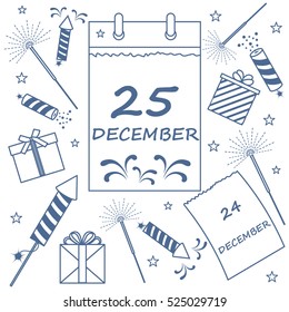 Vector illustration: calendar with christmas date page and gifts, sparklers, petards. Design for postcard, banner, flyer, poster or print.
