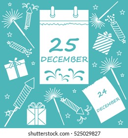 Vector illustration: calendar with christmas date page and gifts, sparklers, petards. Design for postcard, banner, flyer, poster or print.