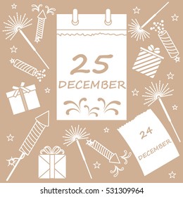 Vector illustration: calendar with christmas date page and gifts, sparklers, petards. Design for postcard, banner, flyer, poster or print.