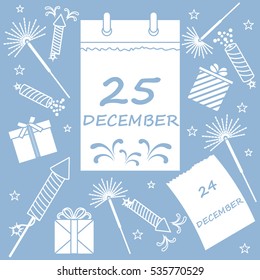 Vector illustration: calendar with christmas date page and gifts, sparklers, petards. Design for postcard, banner, flyer, poster or print.
