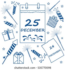 Vector illustration: calendar with christmas date page and gifts, sparklers, petards. Design for postcard, banner, flyer, poster or print.