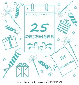 Vector illustration: calendar with christmas date page and gifts, sparklers, petards. Design for postcard, banner, flyer, poster or print.