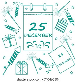 Vector illustration: calendar with christmas date page and gifts, sparklers, petards. Design for postcard, banner, flyer, poster or print.