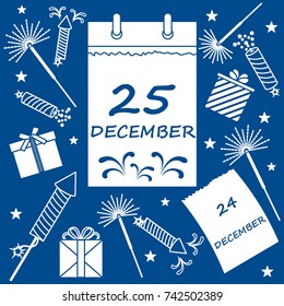 Vector illustration: calendar with christmas date page and gifts, sparklers, petards. Design for postcard, banner, flyer, poster or print.