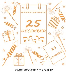 Vector illustration: calendar with christmas date page and gifts, sparklers, petards. Design for postcard, banner, flyer, poster or print.