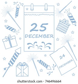 Vector illustration: calendar with christmas date page and gifts, sparklers, petards. Design for postcard, banner, flyer, poster or print.