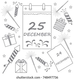 Vector illustration: calendar with christmas date page and gifts, sparklers, petards. Design for postcard, banner, flyer, poster or print.