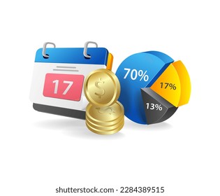 Vector illustration of a calendar, coins and pie chart on white background
