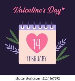 Vector illustration of a calendar with a date 14 february, the St. Valentine's Day. Valentine's day card isolated on purple background.