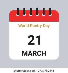 Ilustração vetorial da data do calendário 21 de março, Dia Mundial da Poesia sobre fundo cinza