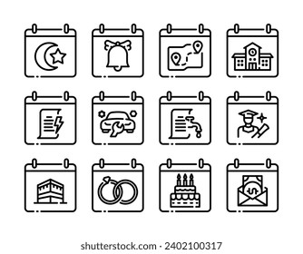 Ilustración vectorial de un calendario de eventos y días importantes, estilo de línea, simple, incluyendo el año Hijri, cumpleaños, fechas de boda y otros.