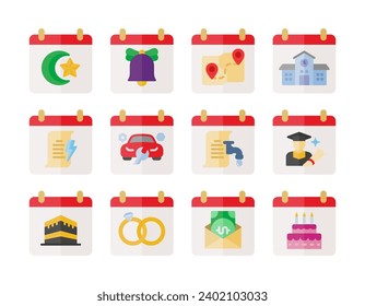 Vector illustration of a calendar of events and important days, full color flat style, simple, including the Hijri year, birthdays, wedding dates and others.