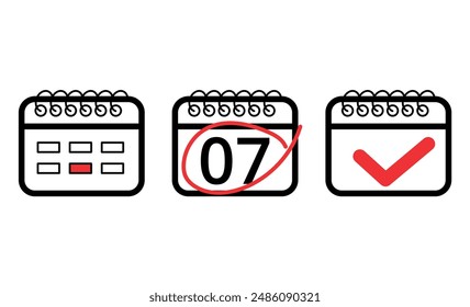 Vector illustration of calendar flat icon with red check mark, calendar icon with specific day marked, day 07.