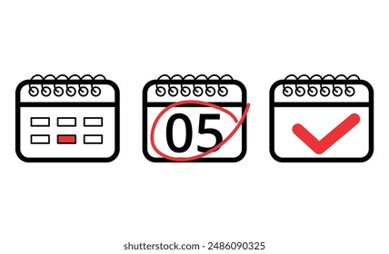 Vector illustration of calendar flat icon with red check mark, calendar icon with specific day marked, day 05.