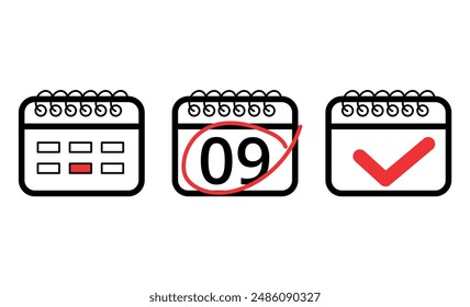 Vector illustration of calendar flat icon with red check mark, calendar icon with specific day marked, day 09.