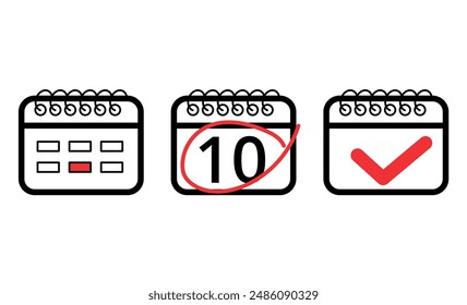 Vektorillustration des Kalender-Flat-Icons mit rotem Häkchen, Kalender-Icon mit einem bestimmten Tag markiert, Tag 10.