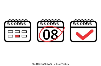 Vector illustration of calendar flat icon with red check mark, calendar icon with specific day marked, day 08.