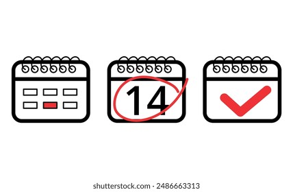 Ilustración vectorial de calendario plano con marca de verificación roja, calendario con día específico marcado, día 14.