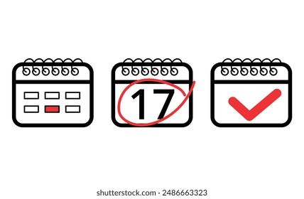 Vector illustration of calendar flat icon with red check mark, calendar icon with specific day marked, day 17.