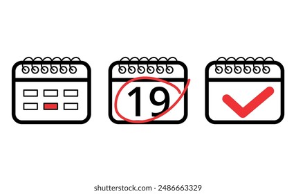 Vector illustration of calendar flat icon with red check mark, calendar icon with specific day marked, day 19.