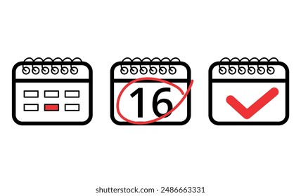 Vector illustration of calendar flat icon with red check mark, calendar icon with specific day marked, day 16.