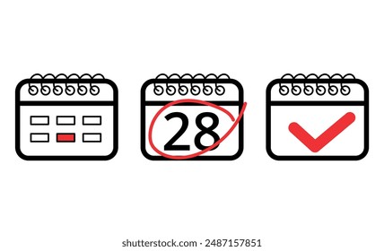 Ilustración vectorial de calendario plano con marca de verificación roja, calendario con día específico marcado, día 28.