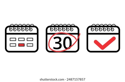 Vector illustration of calendar flat icon with red check mark, calendar icon with specific day marked, day 30.e