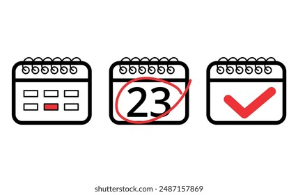 Vector illustration of calendar flat icon with red check mark, calendar icon with specific day marked, day 23.
