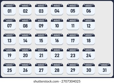 Ilustración vectorial de una cuadrícula de calendario que muestra los treinta y un días del mes de agosto.