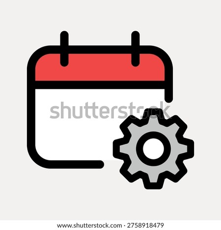 Vector illustration of a calendar icon with a red top and a gear symbol, representing scheduling or settings. Simple and modern design on a light background.