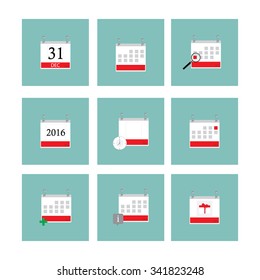 Vector illustration calendar icon set with year, day, month. Calendar symbols with magnifying glass, clock and birthday gift