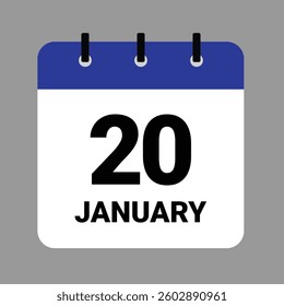 Vector illustration of a calendar icon showing dates and events. January 20 Calendar Icon – Flat Design, Minimalist Date Illustration