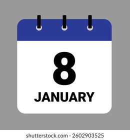 Vector illustration of a calendar icon showing dates and events. January 8 Calendar Icon – Flat Design, Minimalist Date Illustration
