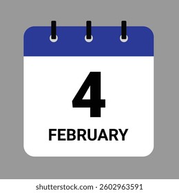 Vector illustration of a calendar icon showing dates and events. February 4 Calendar Icon – Flat Design, Minimalist Date Illustration