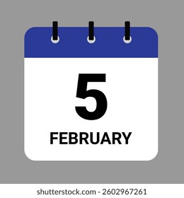 Vector illustration of a calendar icon showing dates and events. February 5 Calendar Icon – Flat Design, Minimalist Date Illustration