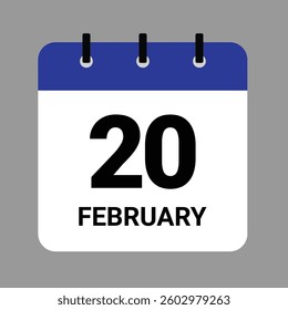 Vector illustration of a calendar icon showing dates and events. February 20 Calendar Icon – Flat Design, Minimalist Date Illustration