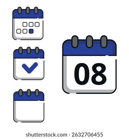 Ilustración vectorial de iconos de calendario en color azul para Sitios web y recursos gráficos. Calendario con día específico marcado, día 08.