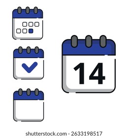 Vector illustration of calendar icons in blue color for websites and graphic resources. Calendar with specific day marked, day 14.