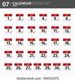 Vector illustration. Calendar icons set.  Date and time.  July.