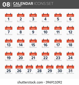 Vector illustration. Calendar icons set.  Date and time.  August.