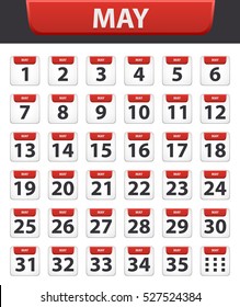 Vector illustration Calendar icons set Date May .Day of month:Sunday,Monday,Tuesday,Wednesday,Thursday,Friday,Saturday.Weekend,red letter day