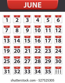Vector illustration Calendar icons set Date June .Day of month:Sunday,Monday,Tuesday,Wednesday,Thursday,Friday,Saturday.Weekend,red letter day