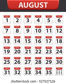 Vector illustration Calendar icons set Date August .Day of month:Sunday,Monday,Tuesday,Wednesday,Thursday,Friday,Saturday.Weekend,red letter day