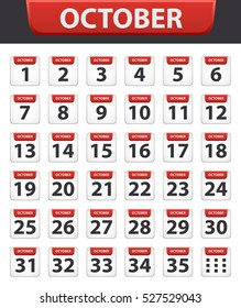 

Vector illustration Calendar icons set Date October .Day of month:Sunday,Monday,Tuesday,Wednesday,Thursday,Friday,Saturday.Weekend,red letter day