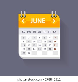 Vector illustration Calendar June isolated on a grey background. Flat Design