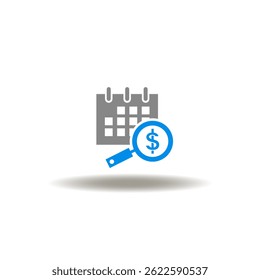 Vector illustration of calendar and magnifying glass with dollar currency. Symbol of factoring. Icon of refinancing of overdue payment.