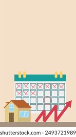 Vektorillustration eines Kalenders mit markierten Daten, einem Wohnhaus und einem nach oben zeigenden Pfeil, der das Wachstum und die Planung des Immobilienmarktes symbolisiert. Ideal für Finanz- und Anlagethemen.