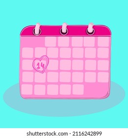 Vector illustration of a calendar with marked number 14 february, flat illustration